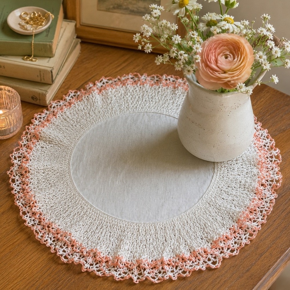 VNTG Cottagecore Shabby Chic Round Doily Peach White Crochet Layered Edge Trim